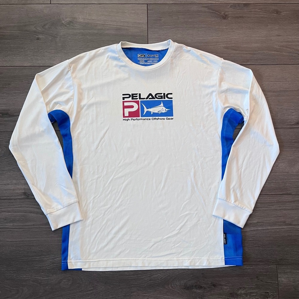 Pelagic AquaTek Pro Fishing Shirt Mens Small White Blue Long Sleeve Marlin Logo